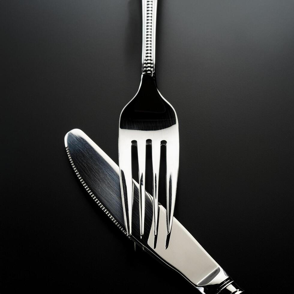 stainless steel knife and fork placed parallel to each other on a black background photo
