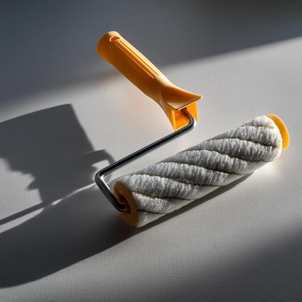 a white paint roller with a plastic handle lying on a white surface photo