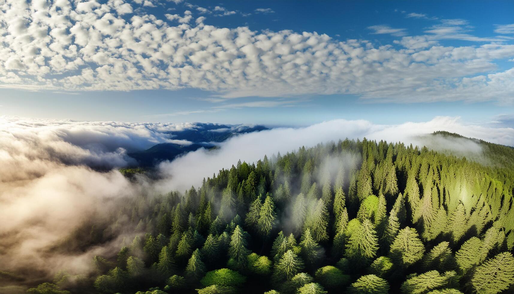 an aerial view of a forest with snow-capped mountains in the background photo