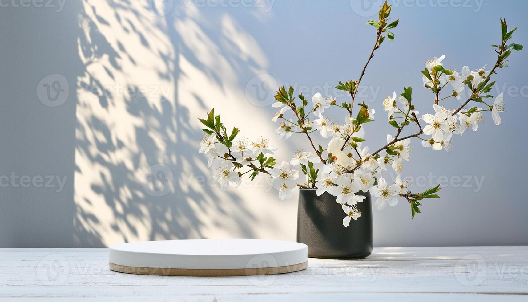 A simple yet elegant product display featuring a rustic wooden table as a platform with beautiful bouquet of flowers sits in a stylish vase on the table photo