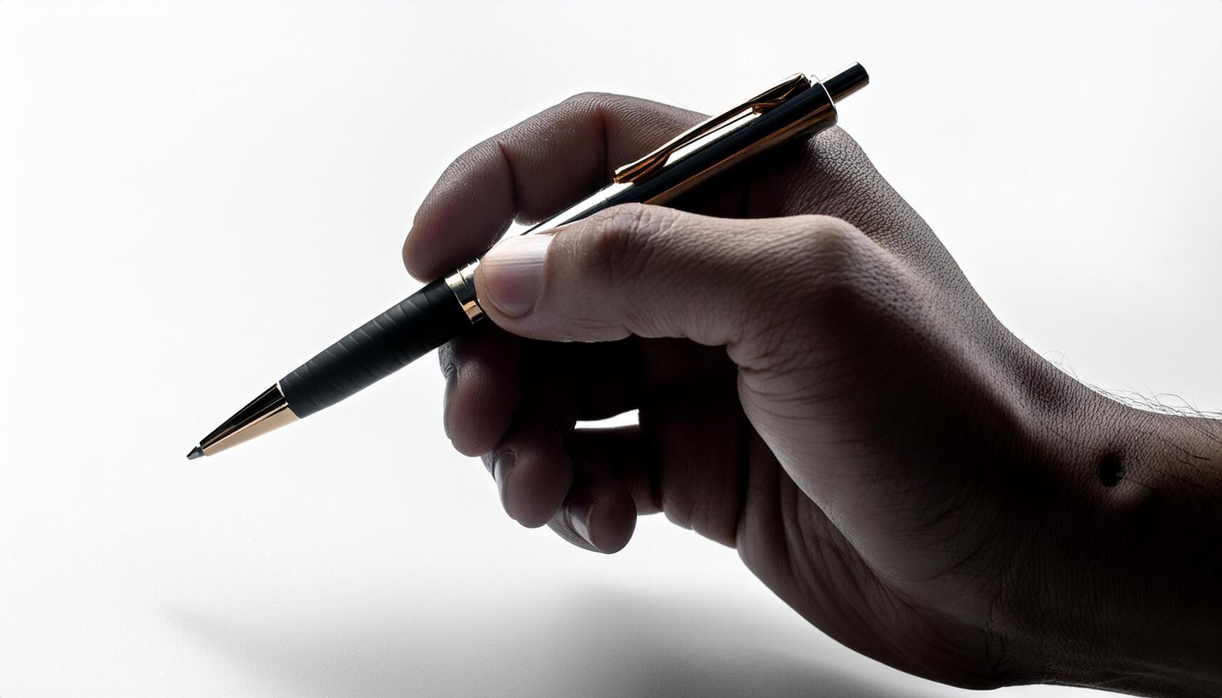 Close-up of a hand holding a pen, ready to write on something out of frame photo