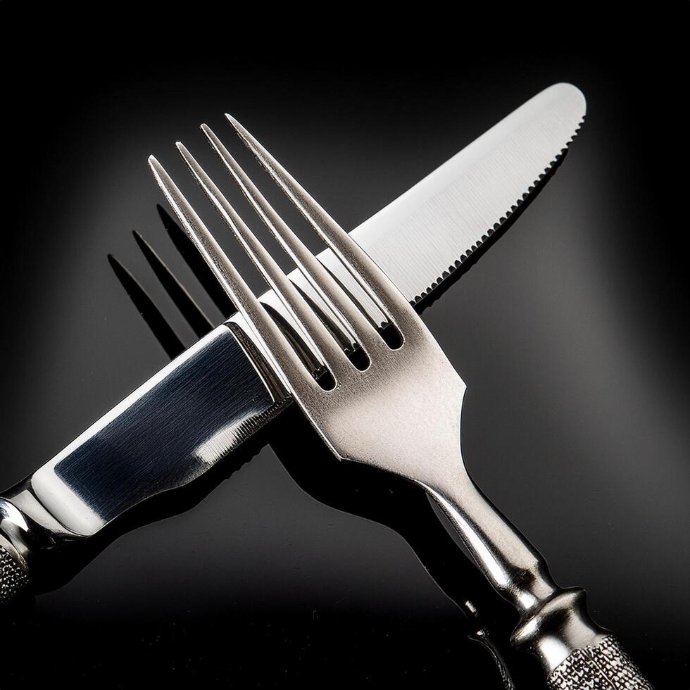 stainless steel knife and fork placed parallel to each other on a black background photo