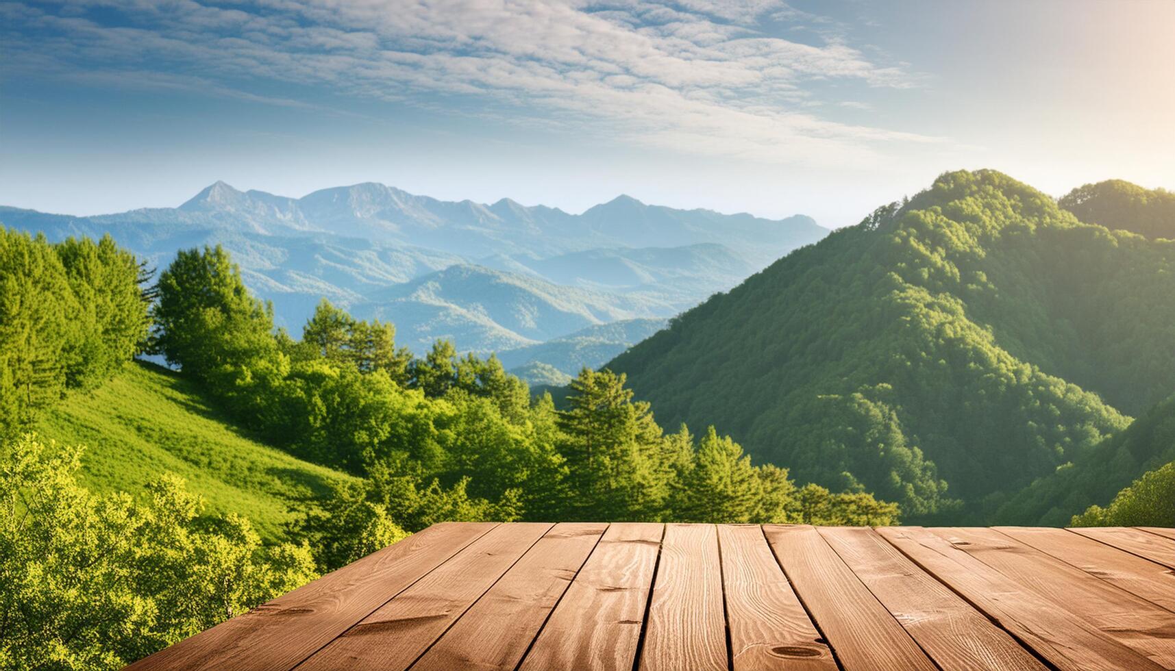 a wooden table with a mountain view in the background for product display photo