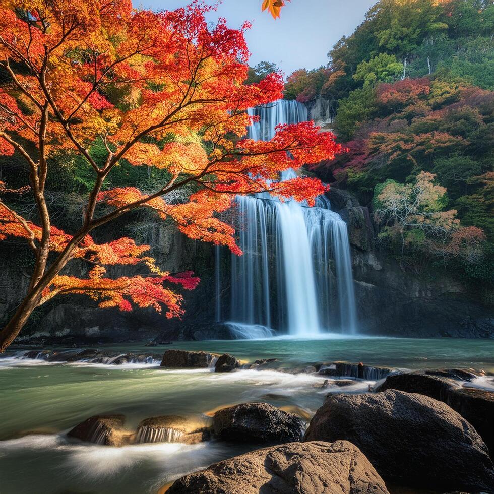A waterfall cascades down rocks, surrounded by colorful autumn leaves photo