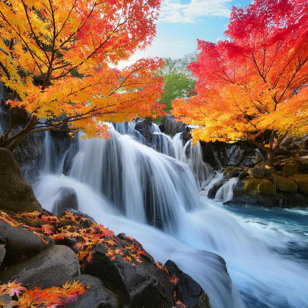 A waterfall cascades down rocks, surrounded by colorful autumn leaves photo