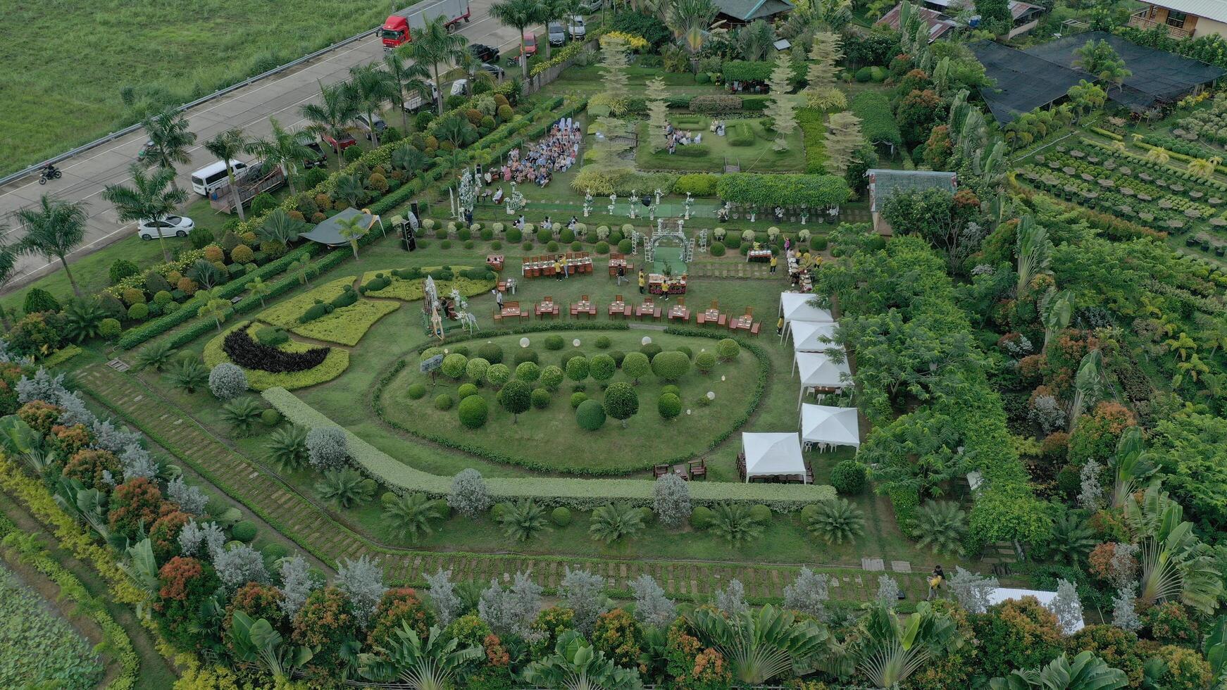 an aerial view of a garden with a circular shape photo
