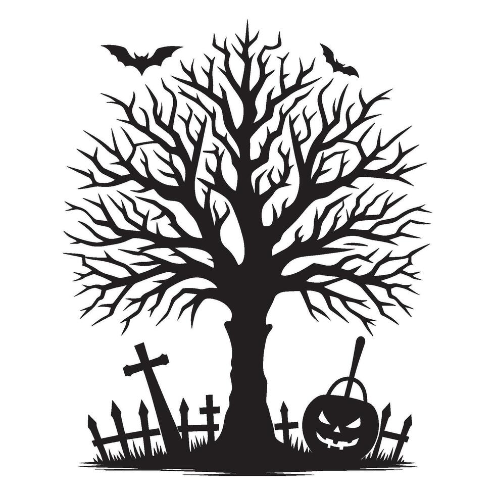 Halloween scary tree silhouette illustration isolated on white background vector