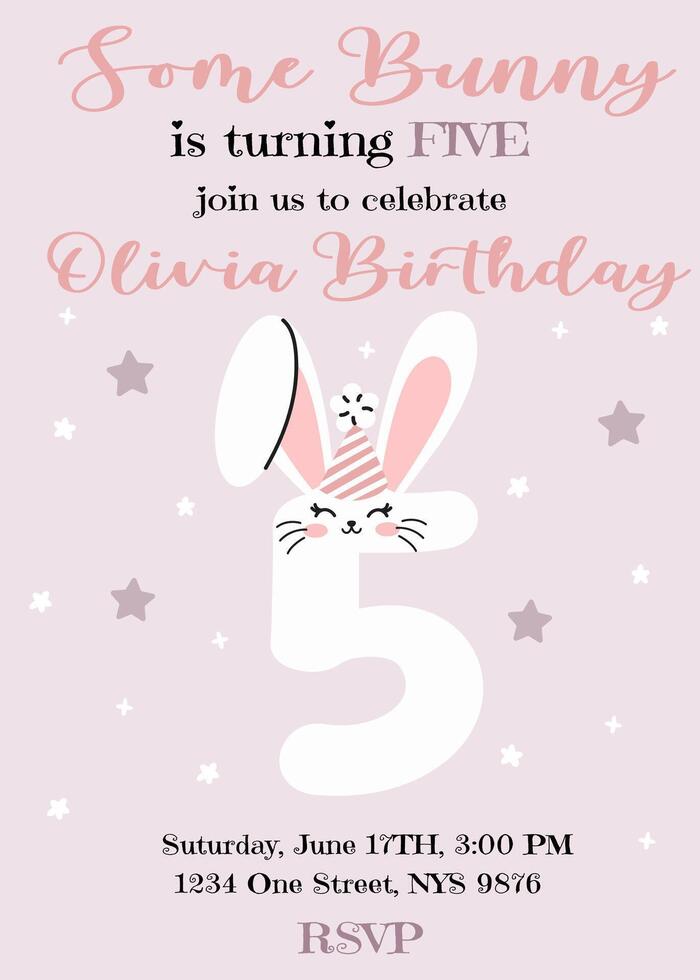 Birthday invitation card design with number with cute bunny ears. Five year. Illustration with cute rabbit. Invitation for children in pink pastel color. Ready to use and editable template. vector