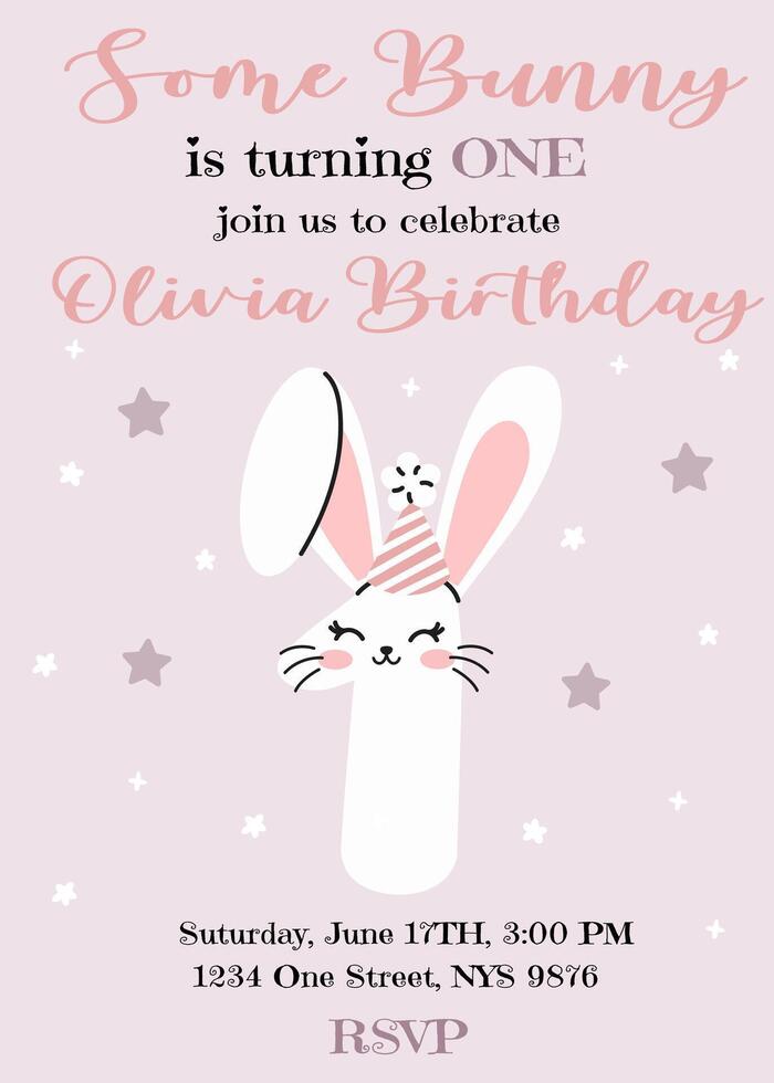 Birthday invitation card design with number with cute bunny ears. One year. Illustration with cute rabbit. Invitation for children in pink pastel color. Ready to use and editable template. vector