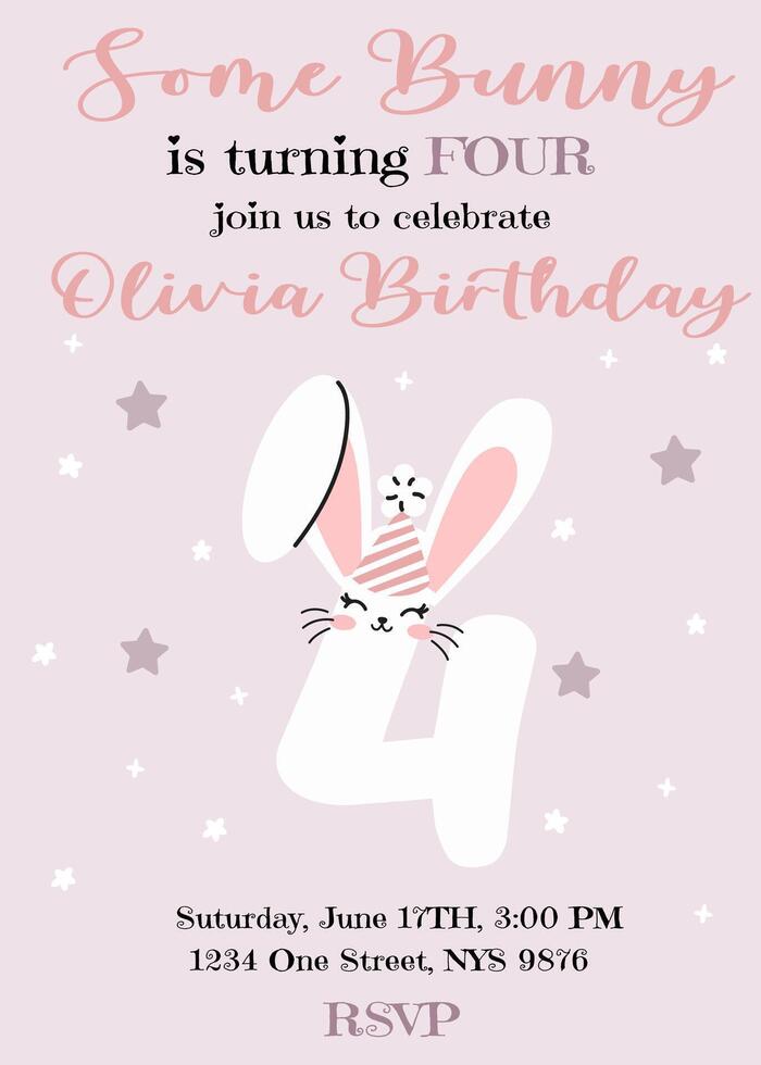 Birthday invitation card design with number with cute bunny ears. Four year. Illustration with cute rabbit. Invitation for children in pink pastel color. Ready to use and editable template. vector