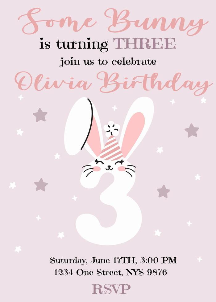 Birthday invitation card design with number with cute bunny ears. Three year. Illustration with cute rabbit. Invitation for children in pink pastel color. Ready to use and editable template. vector