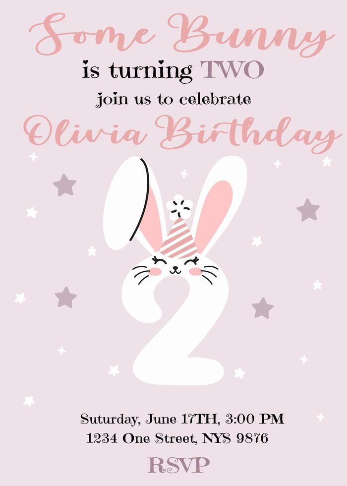 Birthday invitation card design with number with cute bunny ears. Two year. Illustration with cute rabbit. Invitation for children in pink pastel color. Ready to use and editable template. vector