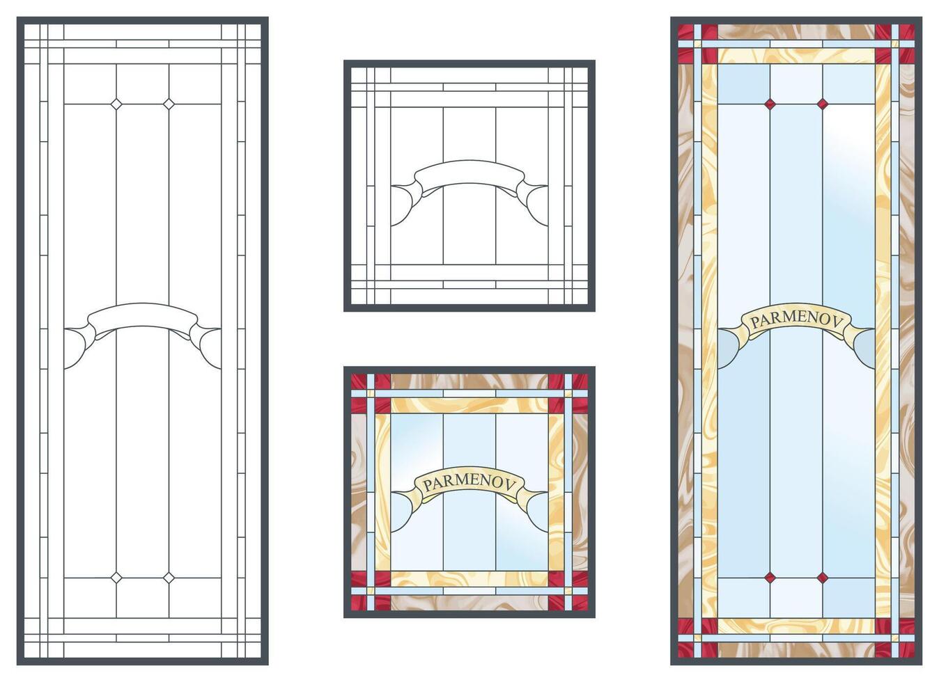 Stained glass with a place for a family name. Rectangular and square frame. Colorful stained glass window in classic style for ceiling or door panels, Banner for your initials vector
