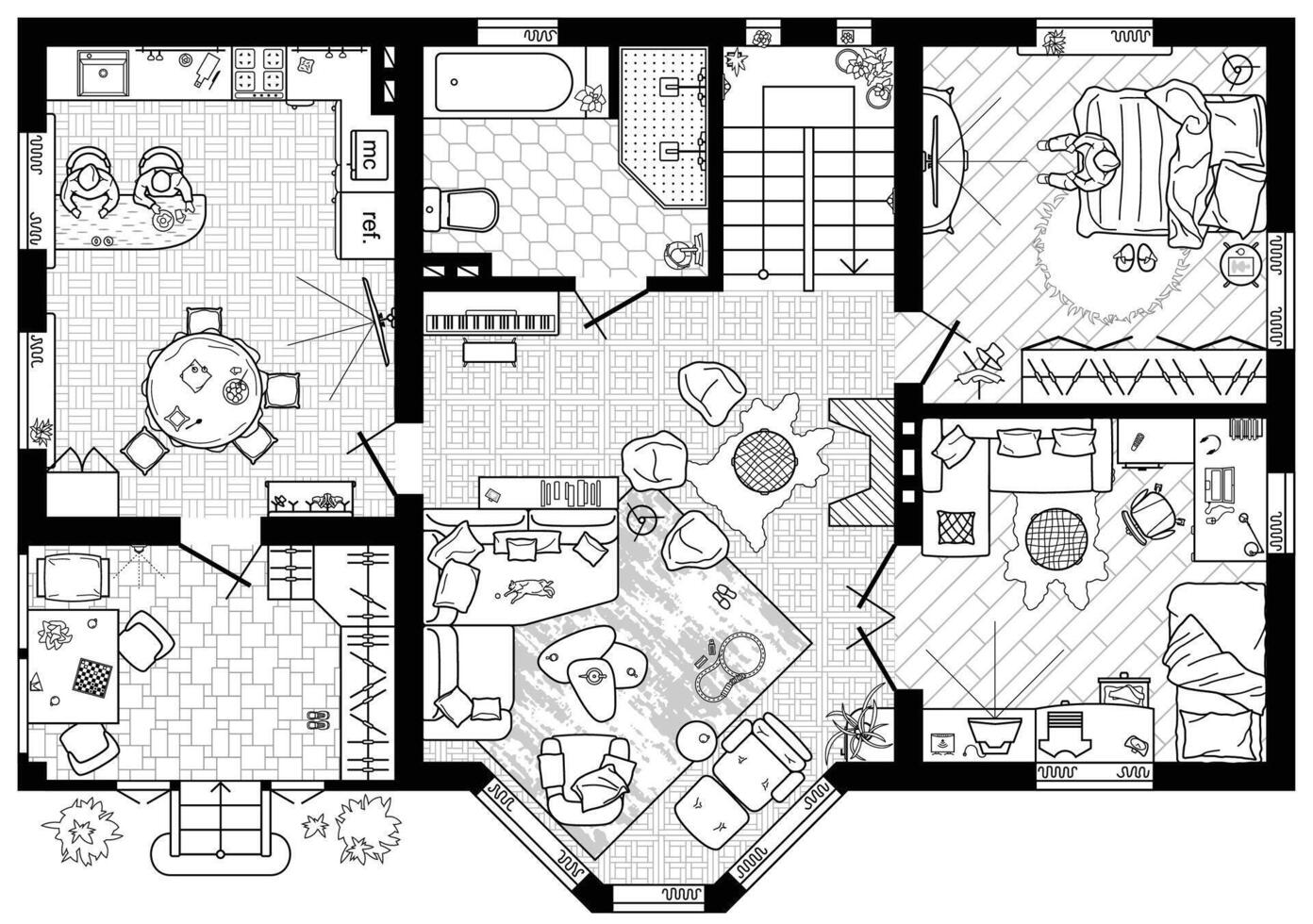 Floor plan in top view. Outline sketch drawing. Cottage with bay window in the living room. Architecture plan view, from above, interior design project. House layout with furniture placement vector