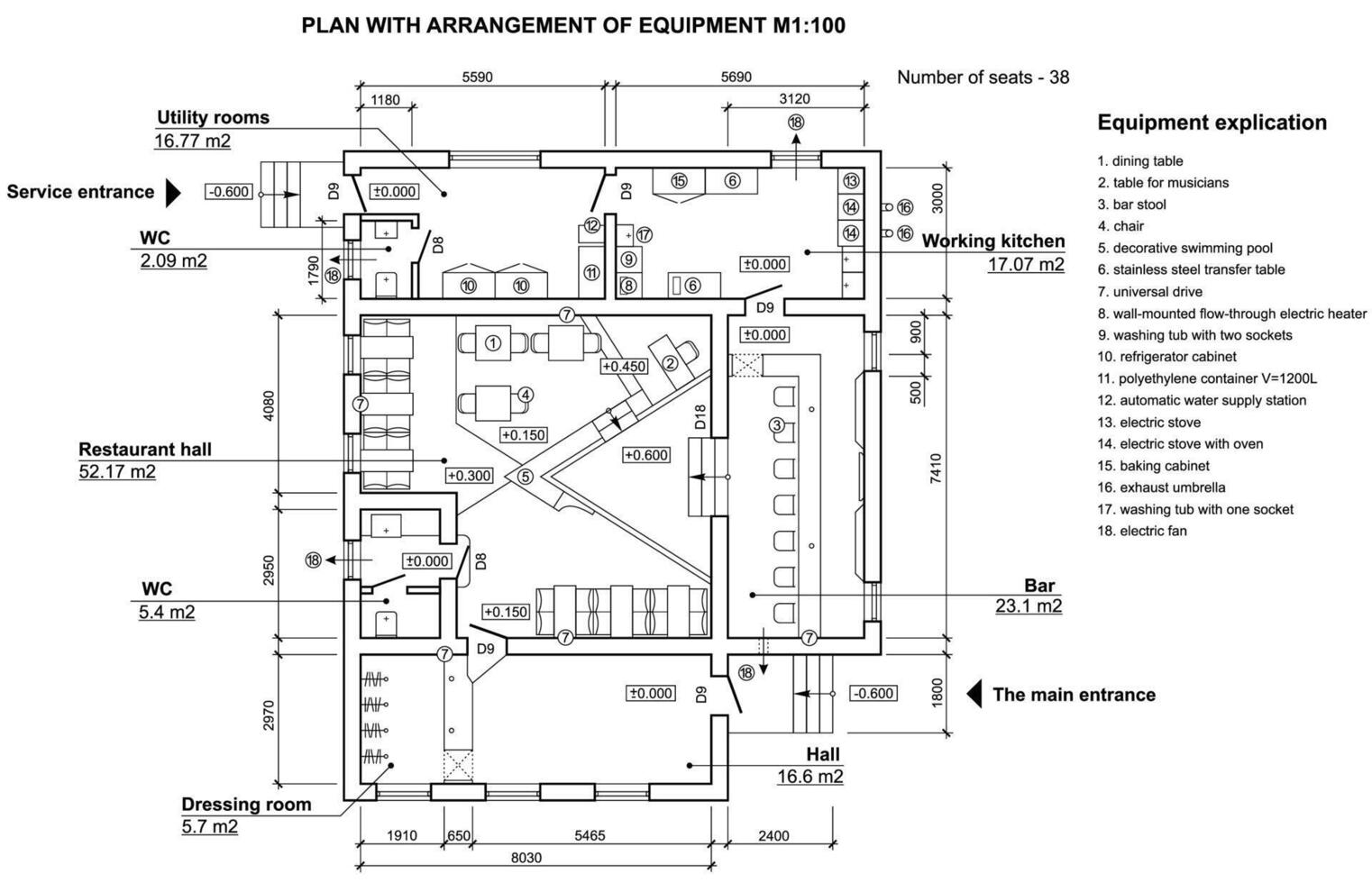 Cafe plan in top view. Floor plan of small restaurant. Arrangement of furniture in the catering interior. Bar design project vector