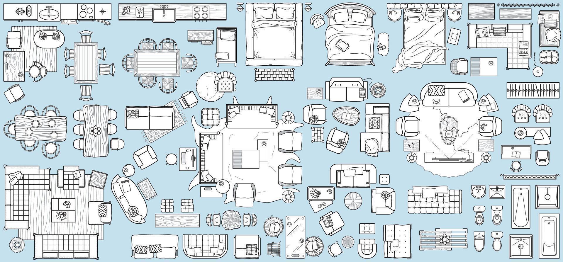 Collection of furniture and equipment top view for house plan. Interior icons set for bathrooms and living room, kitchen and bedroom. Apartment floor plan vector