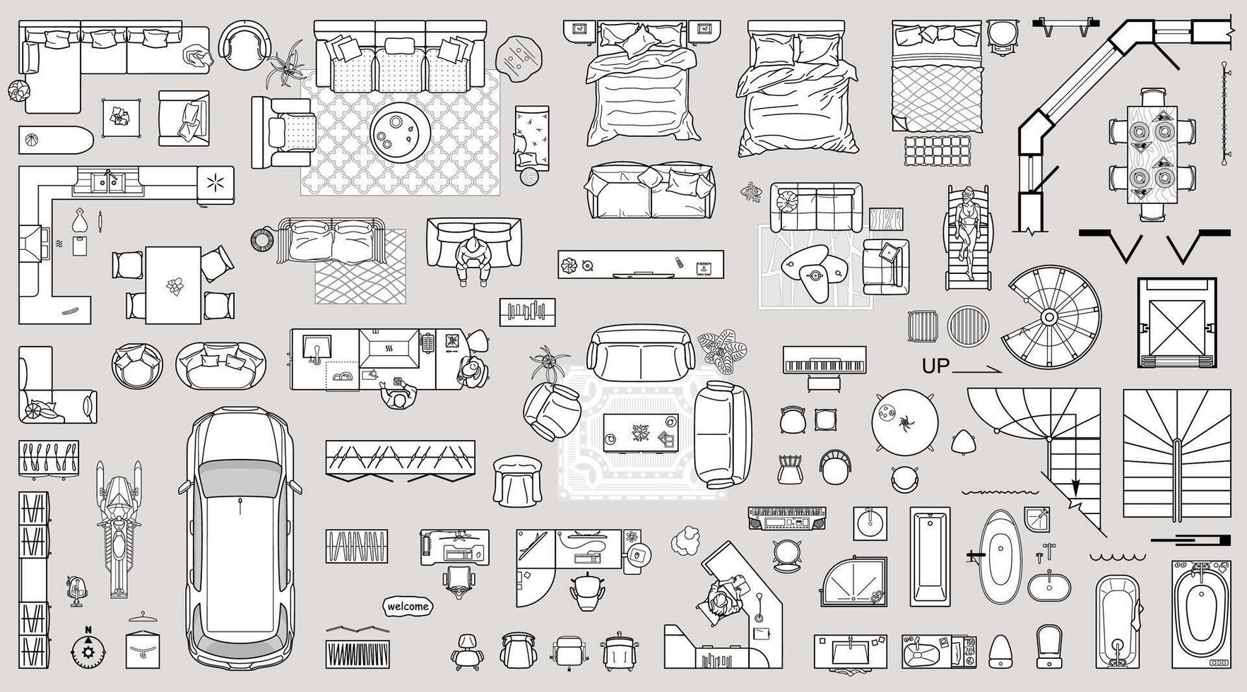 Floor plan icons set for design interior and architectural project view from above. Furniture thin line icon in top view for layout. Blueprint apartment vector