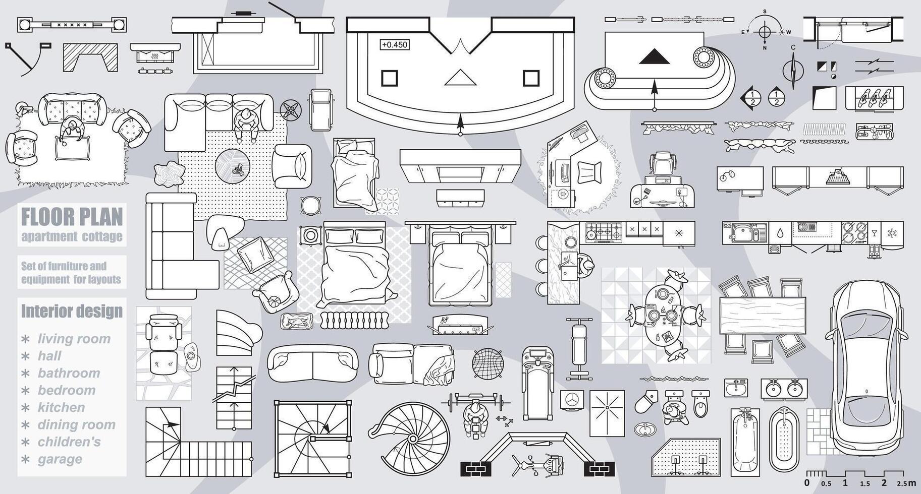 Collection of furniture and equipment top view for house plan. Interior icons set for bathrooms and living room, kitchen and bedroom. Apartment floor plan vector