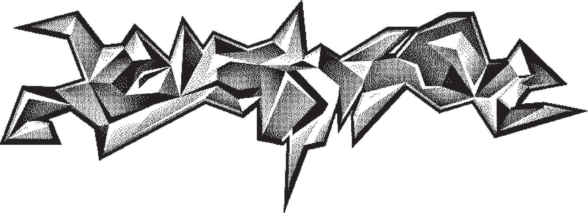 Graffiti urban tag. Pointillism ink drawing. Stippling illustration. Black and white halftone pattern. 3d abstract . Printing on t-shirt or label. Pixel art style vector