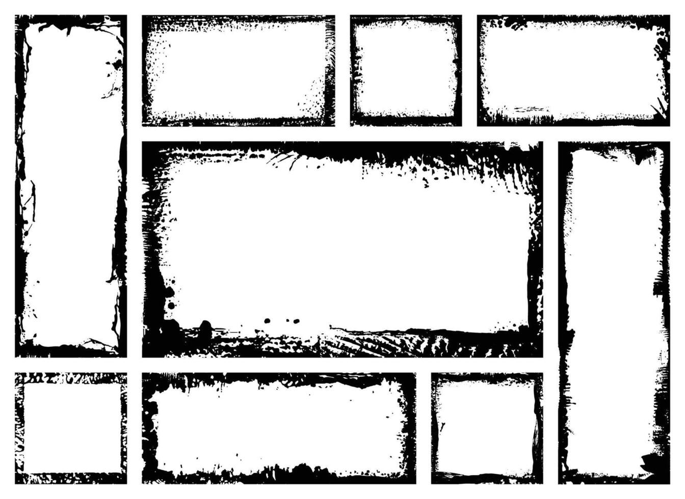 Squares and rectangle frames for fill image. Distress texture with dirt old effect. Grunge black ink borders set, isolated on white background vector