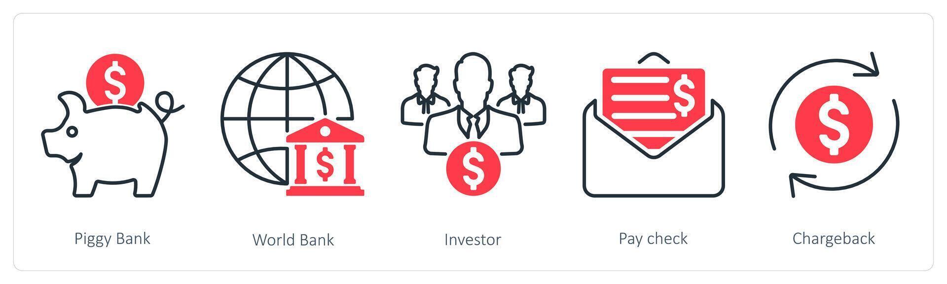 A set of 5 Banking icons as piggy bank, world bank, investor vector