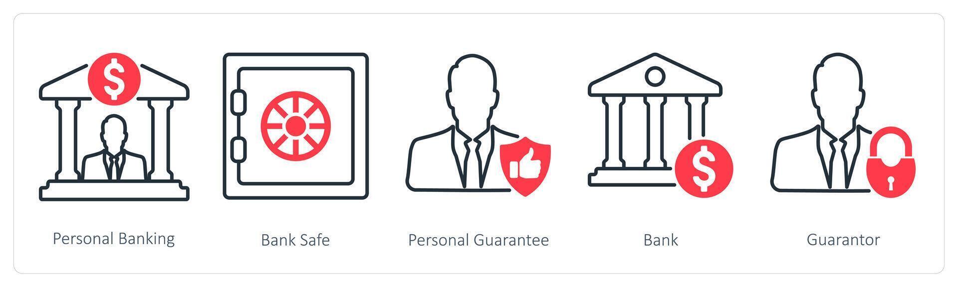 A set of 5 Banking icons as personal banking, bank safe, personal gurantee vector