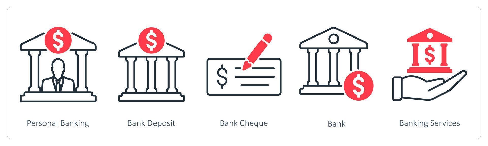 A set of 5 Banking icons as personal banking, bank deposit, bank cheque vector