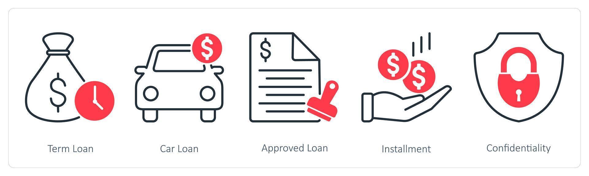 A set of 5 Banking icons as term loan, car loan, approved loan vector