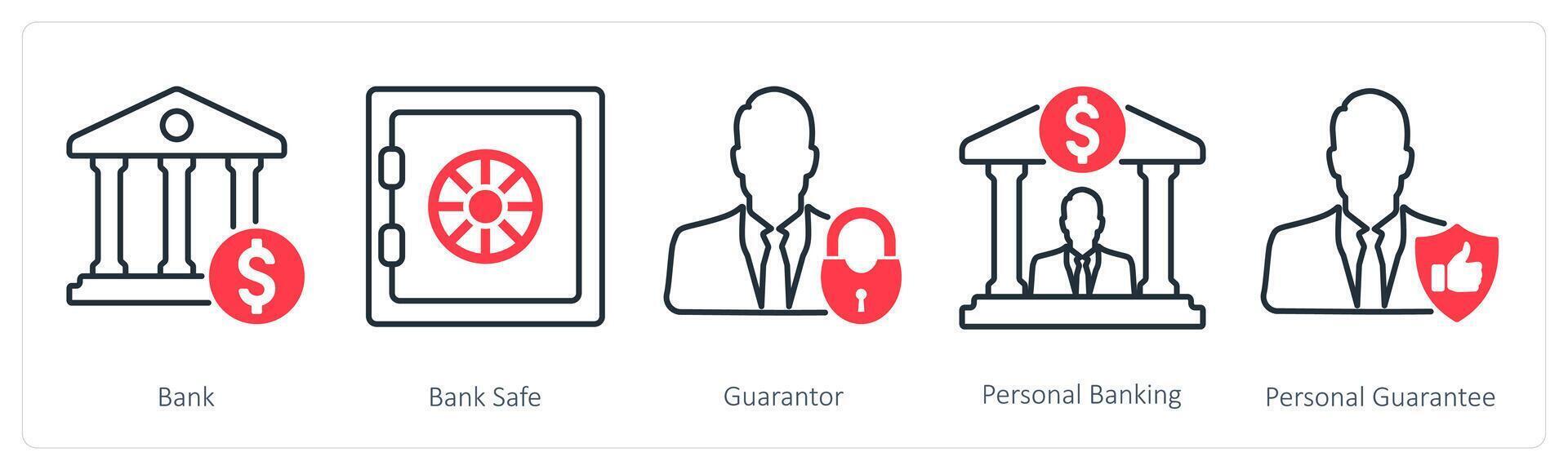 A set of 5 Banking icons as bank, bank safe, gurantor vector