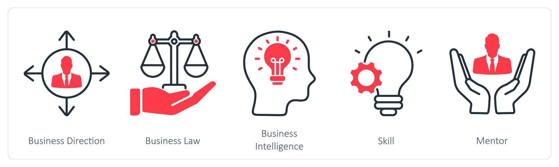 A set of 5 Business and Office icons as business direction, business law, business intelligence vector