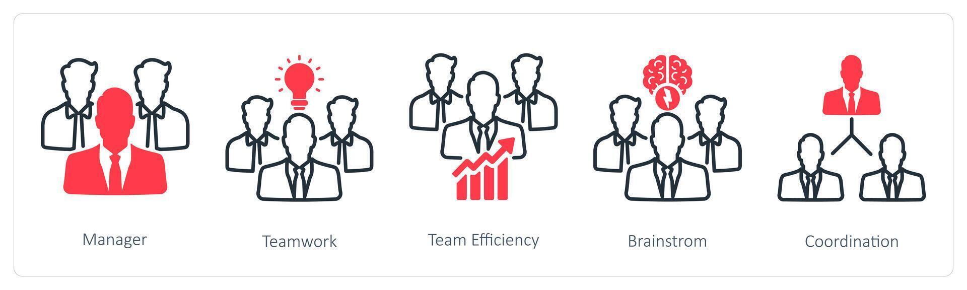 A set of 5 Business and Office icons as manager, teamwork, team efficiency vector