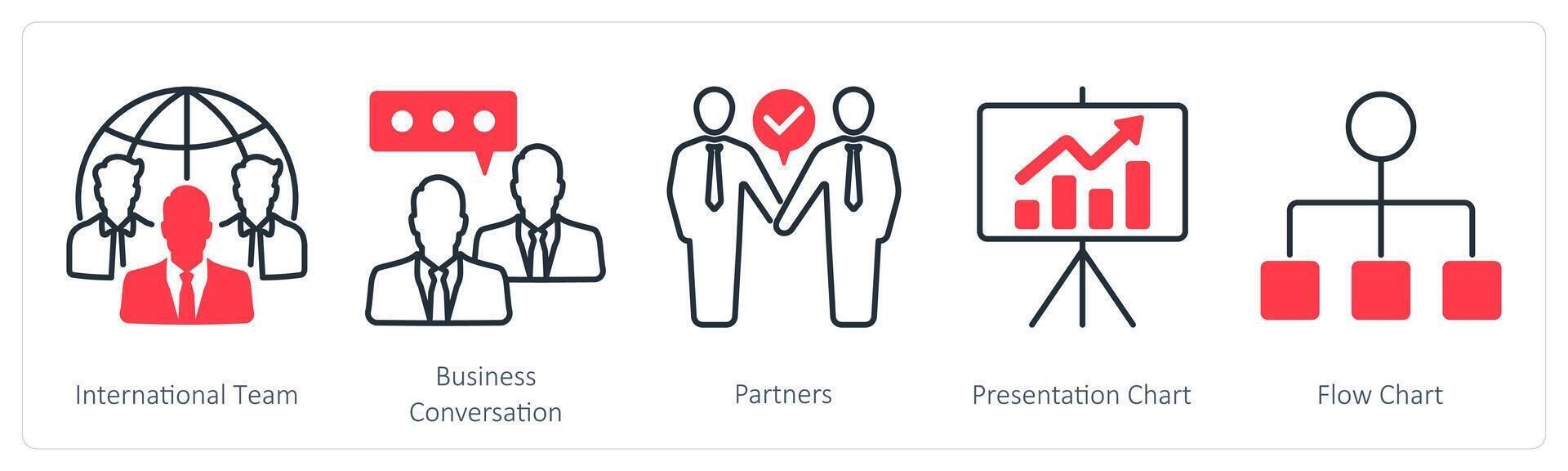 A set of 5 Business and Office icons as international team, business conversation, partners vector