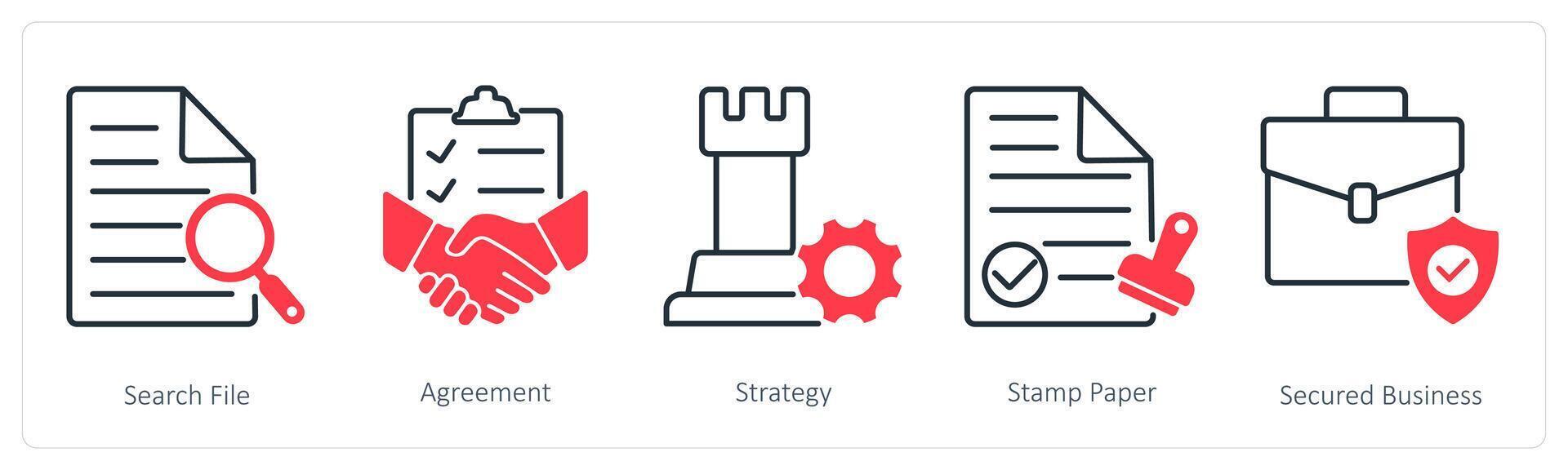 A set of 5 Business and Office icons as search file, agreement, strategy vector