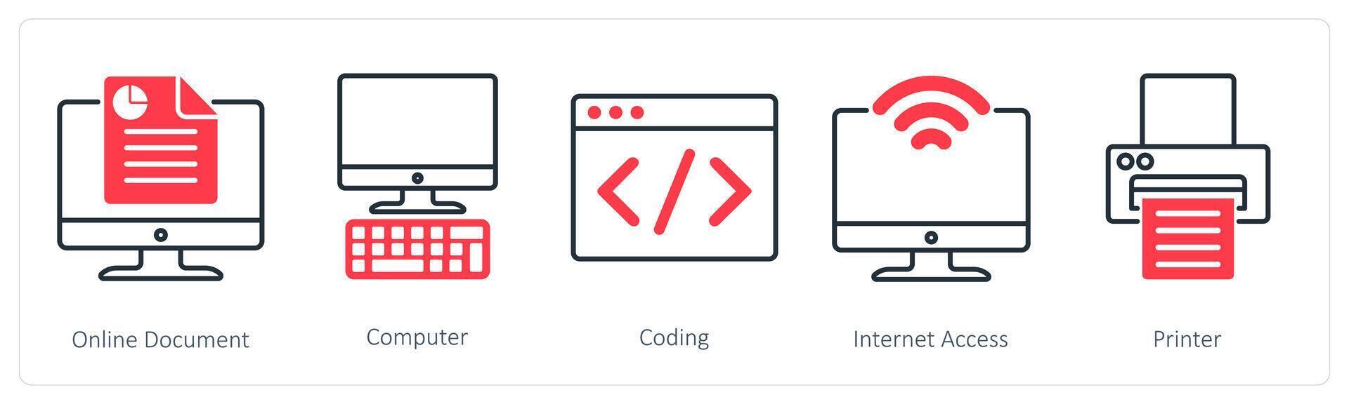 A set of 5 Business and Office icons as online document, computer, coding vector
