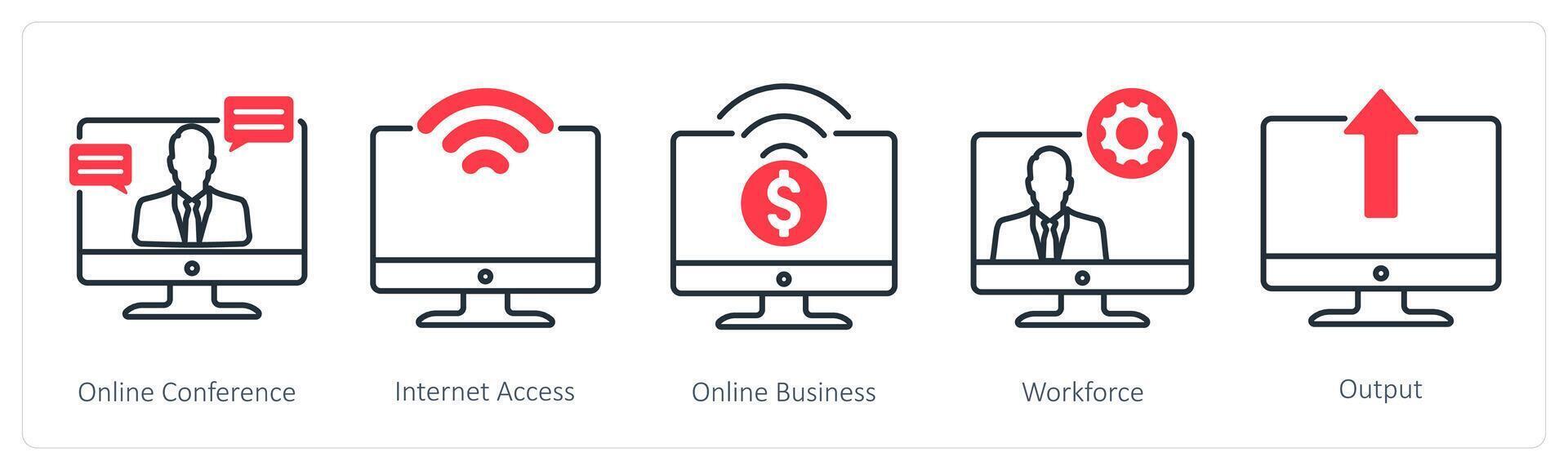 A set of 5 Business and Office icons as online conference, internet access, online business vector