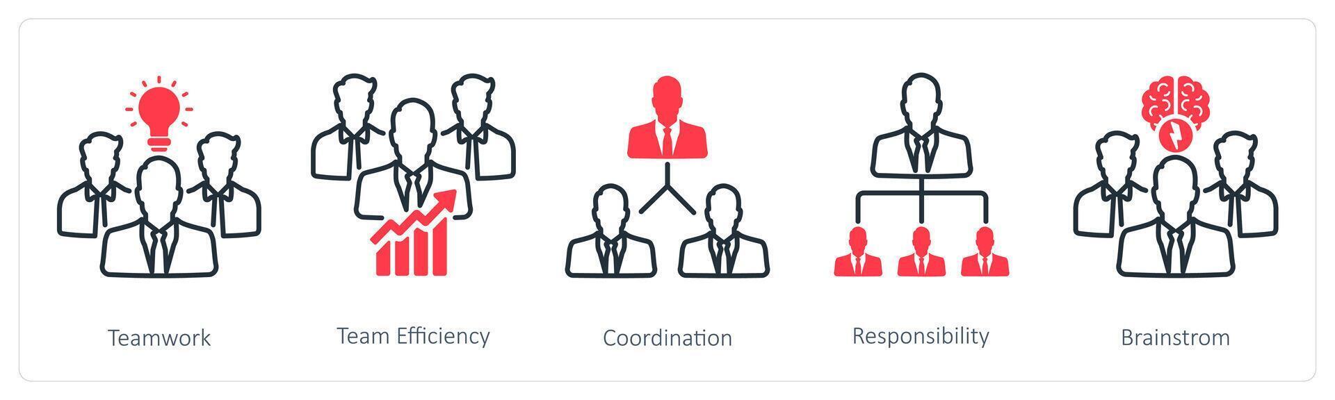 A set of 5 Business and Office icons as teamwork, team efficiency, coordination vector