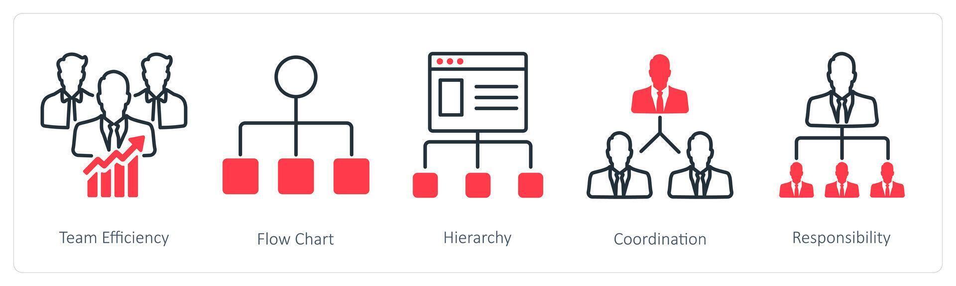 A set of 5 Business and Office icons as team efficiency, flow chart, hierarchy vector