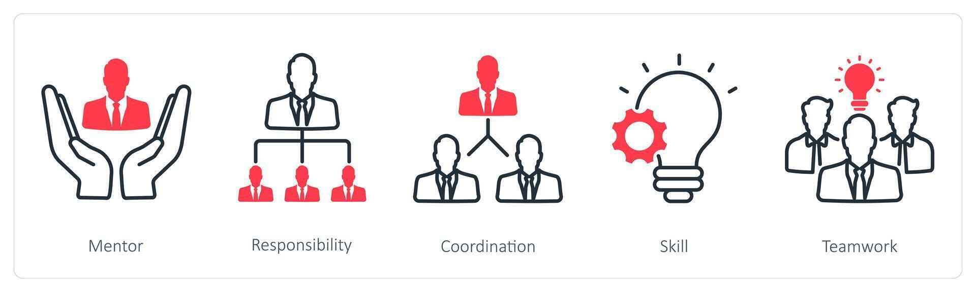 A set of 5 Business and Office icons as mentor, responsibility, coordination, skill vector