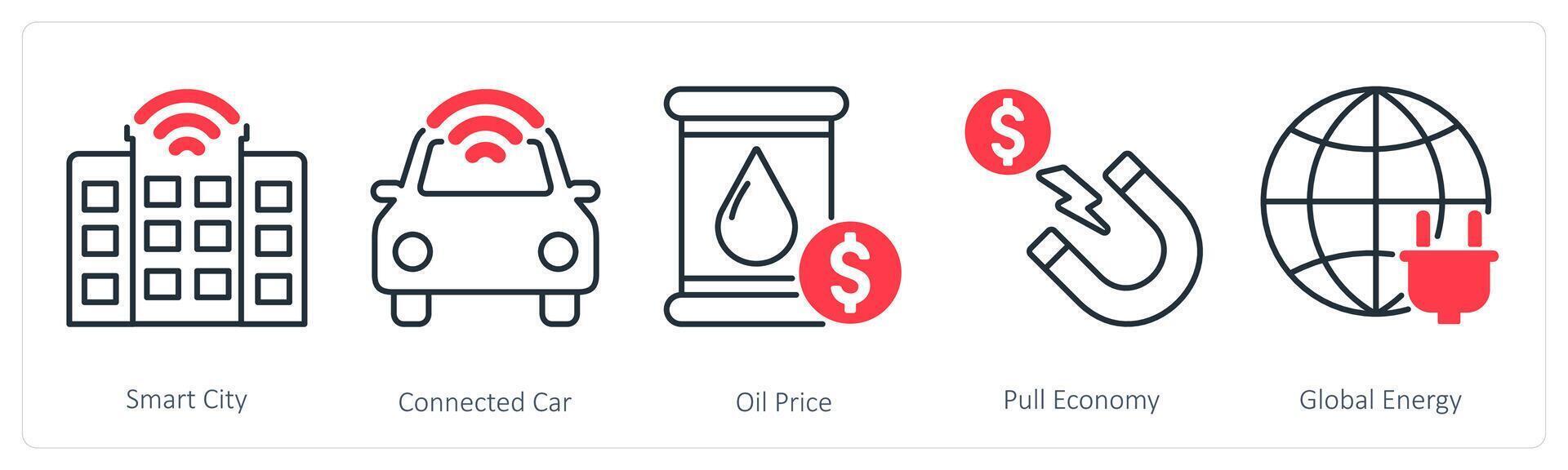 A set of 5 Industrial icons as smart city, connected car, oil price vector