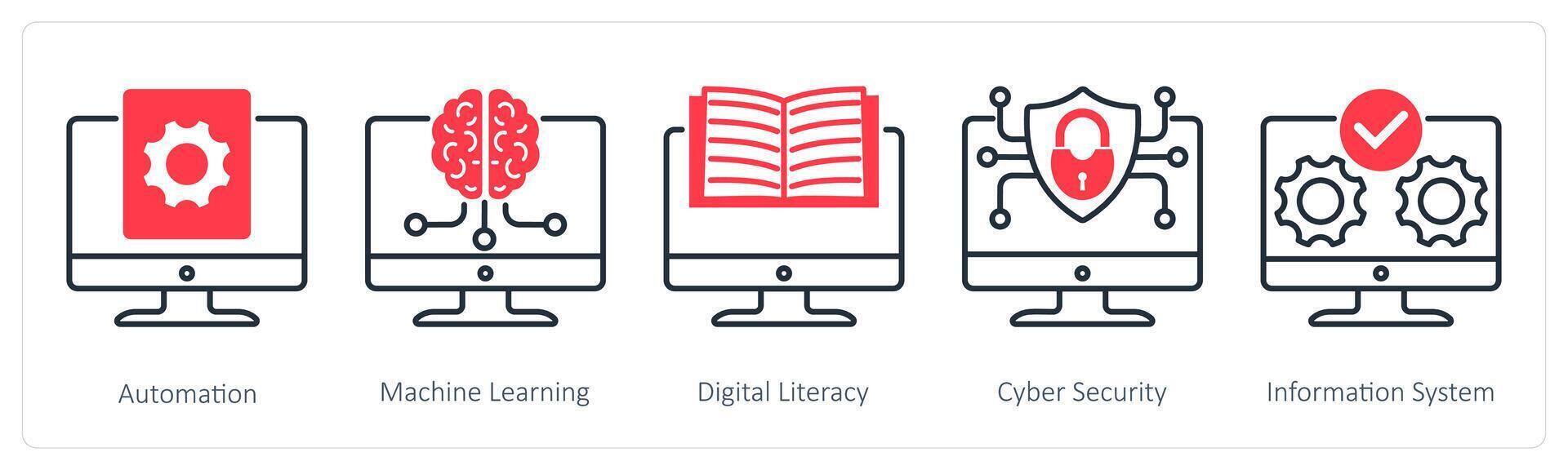 A set of 5 Industrial icons as automation, machine learning, digital literacy vector