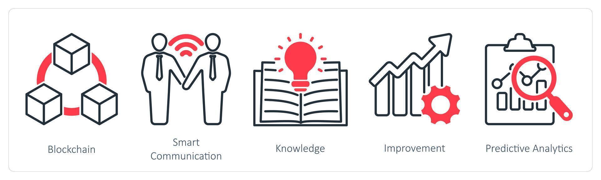 A set of 5 Industrial icons as blockchain, smart communication, knowledge vector