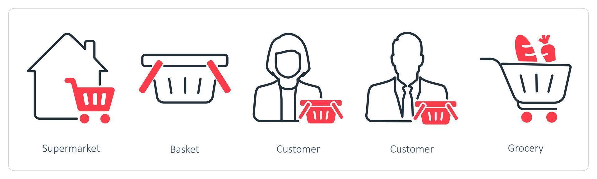 A set of 5 Shopping icons as supermarket, basket, customer vector