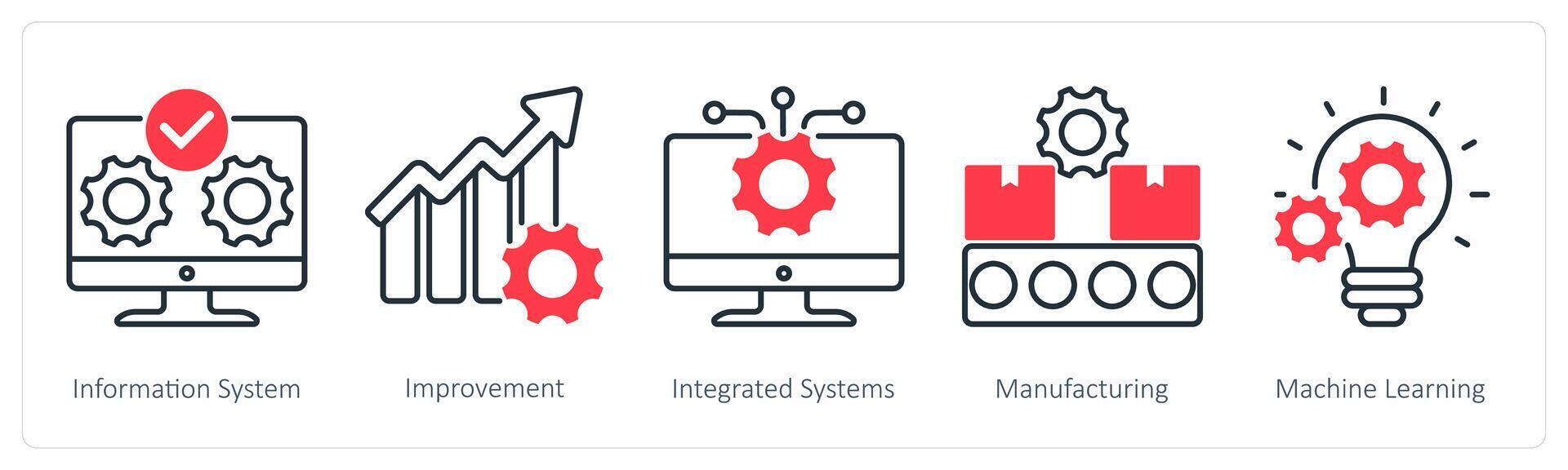 A set of 5 Industrial icons as information system, improvement, integrated systems vector