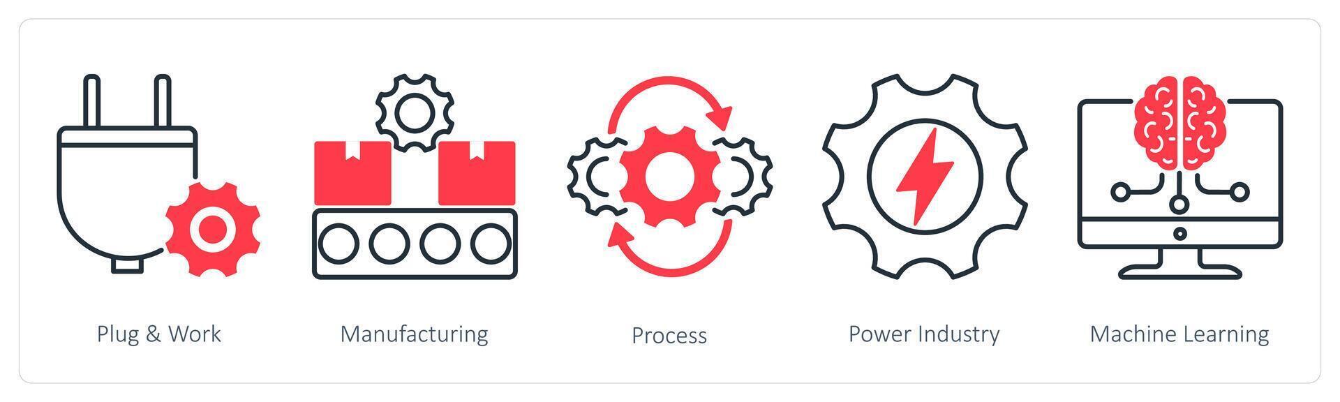 A set of 5 Industrial icons as plug and work, manufacturing, process, power industry vector