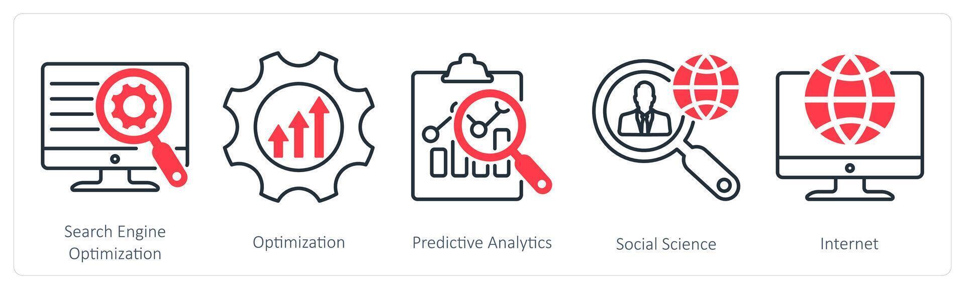 A set of 5 Industrial icons as search engine optimization, optimization, predictive analytics vector