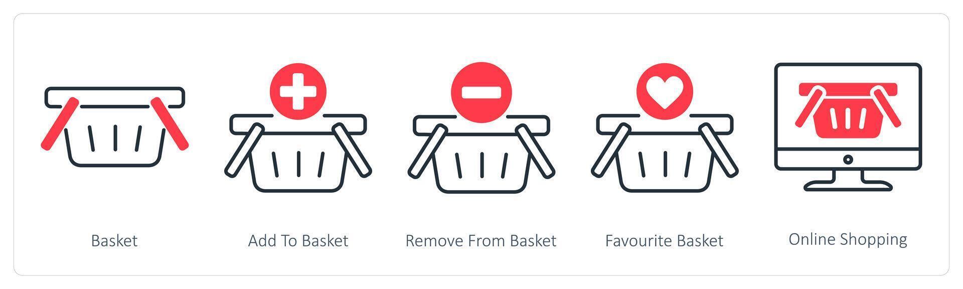 A set of 5 Shopping icons as basket, add to basket, remove from basket vector