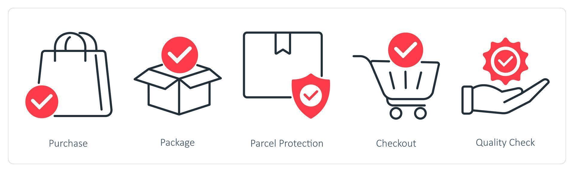 A set of 5 Shopping icons as purchase, package, parcel protection vector