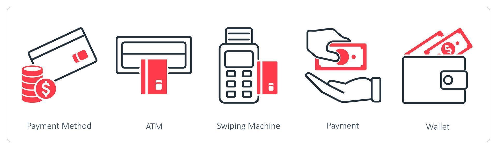 A set of 5 Shopping icons as payment method, atm, swiping machine vector