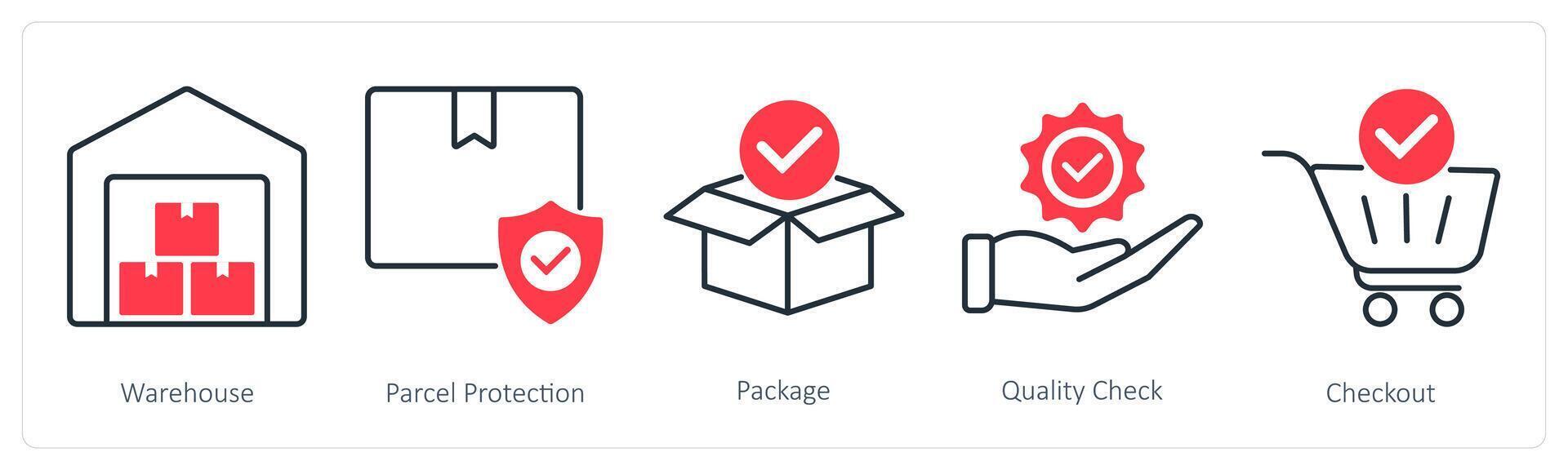 A set of 5 Shopping icons as warehouse, parcel protection, package vector
