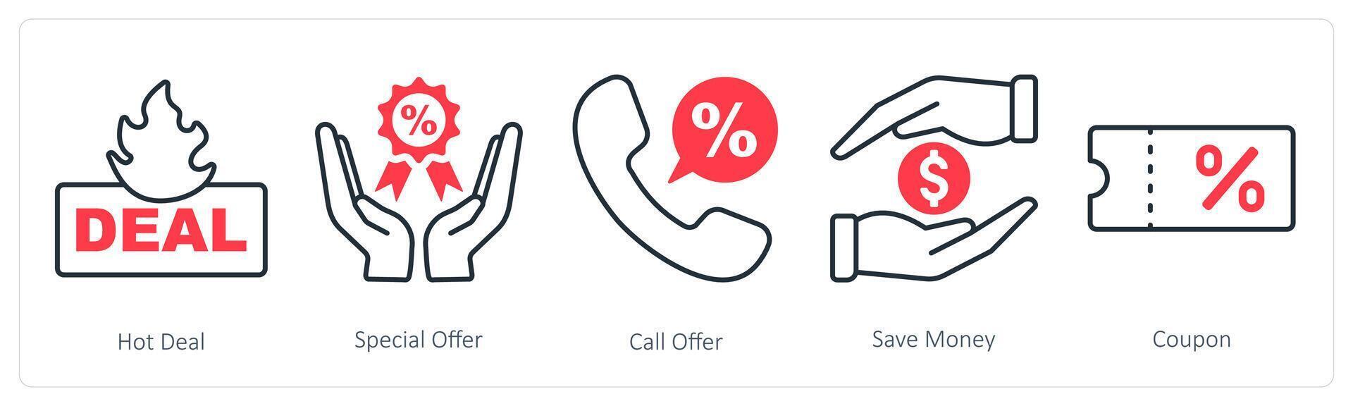 A set of 5 Shopping icons as hot deal, special offer, call offer vector